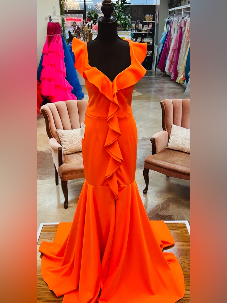 Ruffle-Front Maxi Gown In Vibrant Orange